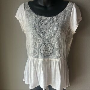 American Eagle Outfitters Lace Sheer Top- Lace -Beads -Skirted Hem -Size: L